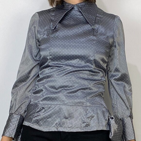 Vintage 1970s DAGGER Collar Polka Dot DISCO Top with Bow! Small to Medium - Picture 4 of 7